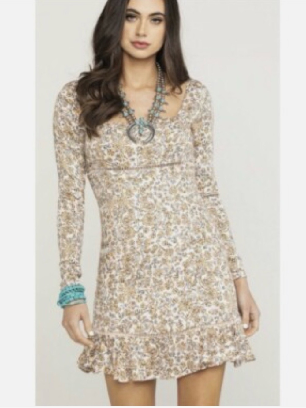 Free People mini Beige Floral Long Sleeve Ruffle Hem Dress